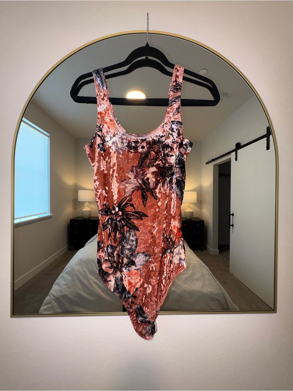Willow Rust Floral Crushed Velvet Scoop-Neck Bodysuit
